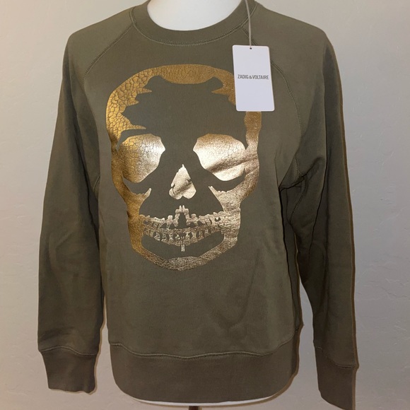 🎉HP🎉 Zadig & Voltaire Upper Skull Gold/Khaki 100% Cotton Sweatshirt Size XS✨ - Picture 9 of 14